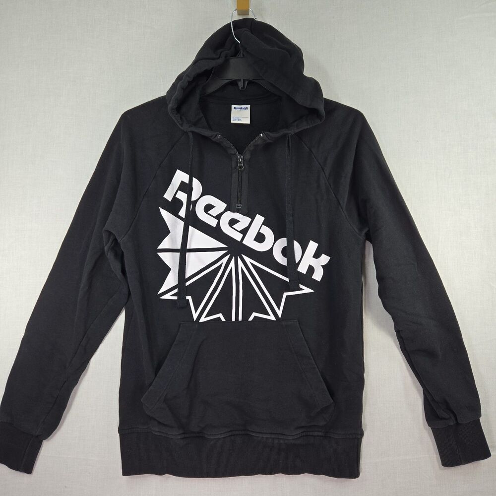 Reebok Classic Hoodie Sweatshirt Black Spellout Logo Pullover 1/4 Zip Men's Med